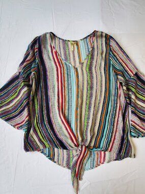 Chenault Women's Blouse Top Size L Colorful Vertical Stripes 3/4 Flare Sleeves